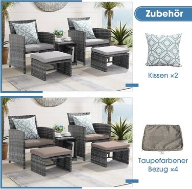 OC Orange-Casual 5-елементний комплект меблів для тераси, штучний ротанг, вуличні крісла та пуфи з журнальним столиком і подушками, для балкона, веранди, тераси, світло-сірий