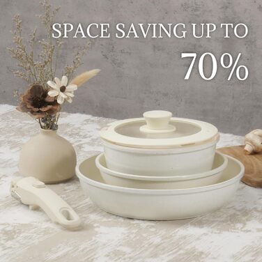 Набір каструль та сковорідок з керамічним покриттям 8 предметів з знімними ручками, індукційне дно, придатні для духовки та мийки, без PFAS/PFOA, кремово-білий