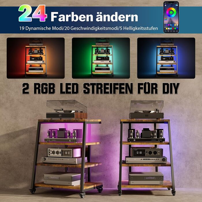 Стійка для Hi-Fi апаратури на 4 рівні з розетками, регульованими полицями, колесами та LED-підсвічуванням (керування через додаток) | 60x51x85 см | Дерев'яно-сталева стійка для програвачів, медіа-пристроїв