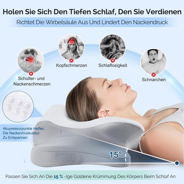 Подушка для шиї, подушка для голови з Memory Foam, ергономічна подушка для сну на боці, спині та животі, сіро-білий колір, 64 x 39 x 13 см