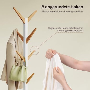 Вільхувана вішалка для одягу WOLTU з 8 гачками, дерев'яна, 180 см, білий+натуральний колір