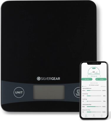 Кухонні ваги Silvergear цифрові з додатком до 5 кг Кухонні ваги Ectronic з функцією тарування Цифрові кухонні ваги Лічильник калорій Точність вимірювання до 0,1 г РК-дисплей з підсвічуванням Чорний