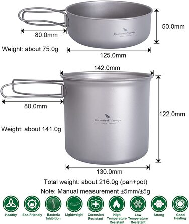 Набір кухонного посуду iBasingo для кемпінгу: титановий посуд з відкидним ручками, 1500 мл каструля та 500 мл сковорода, ідеальний для туризму та пікніків