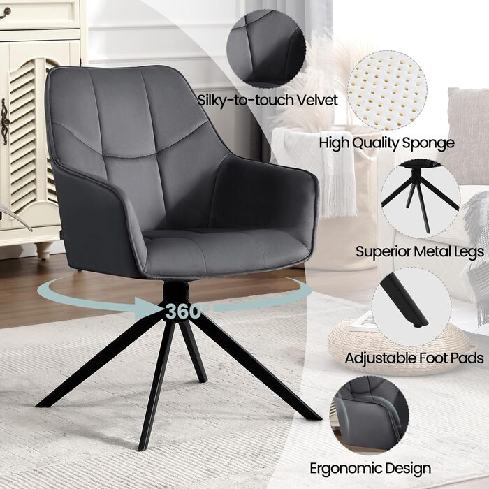 Крісла для їдальні WOLTU, набір 2 шт., поворотні, для кухні, вітальні, їдальні, м'які з підлокітниками, з металевим каркасом, матеріал: жаккард та оксамит, колір: темно-сірий