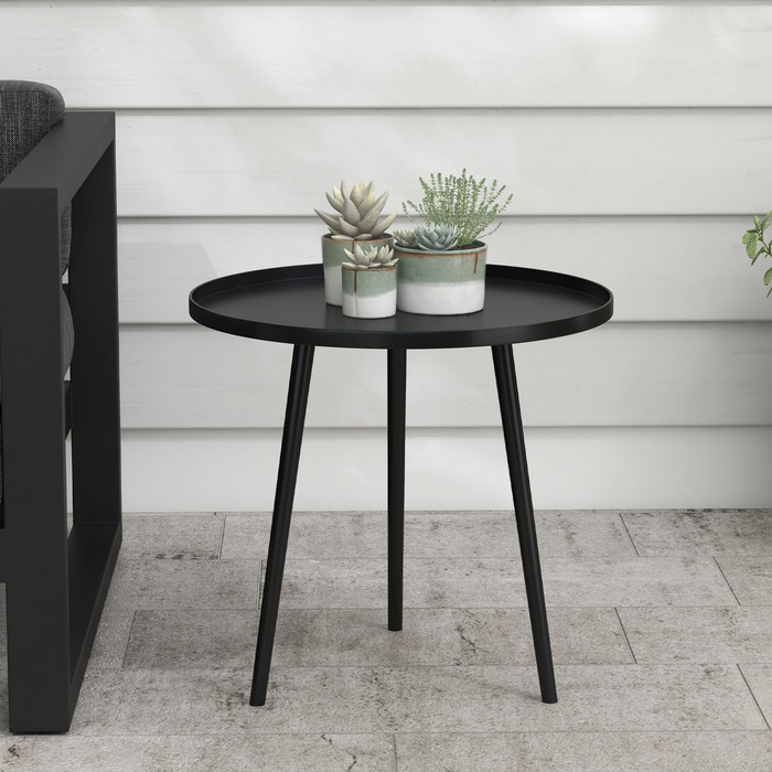Outsunny Side Table Garden, Атмосферостійкий садовий стіл з піднятим краєм, Сталевий балконний стіл, Круглий журнальний столик 20 кг з навантаженням, Ø40x50H см, Диванний столик для відкритого критого балкона Тераса чорний