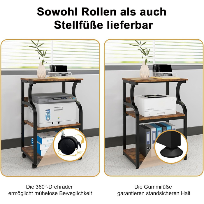 Регульований стіл для принтера PUNCIA з 3 ящиками, на коліщатках, 50x40 см, дерево & метал, для офісу/кабінету, ретро