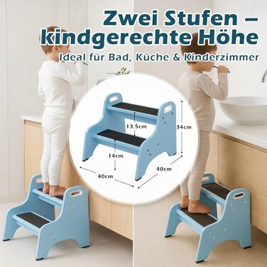 Дерев'яний трисходовий стільчик для дітей Tritthocker – безпечний, з антиковзним покриттям, для ванної та кухні, скандинавський дизайн, колір: натуральний (блакитний)