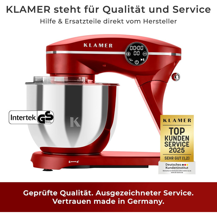 Кухонна машина KRAMER 1800W з чашею з нержавіючої сталі 6 л, 10 швидкостей з таймером, планетарний міксер, гак для тіста, вінчик, міксер, кришка (червона), преміум-якість