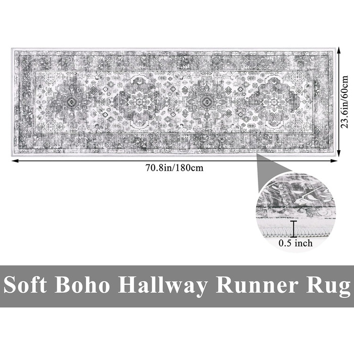 Нековзна миюча бохо вінтажна направляюча для передпокою 60x240см для вітальні, кухні, спальні, сірий