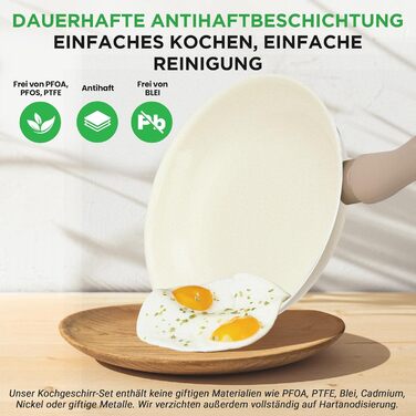 Набір посуду NutriChef 54 шт. – сковороди, каструлі, кухонні аксесуари талового кольору. З ножами, формами для випічки та аксесуарами. Підходить для індукційних, газових та електричних плит. Здорове та дієтичне приготування їжі