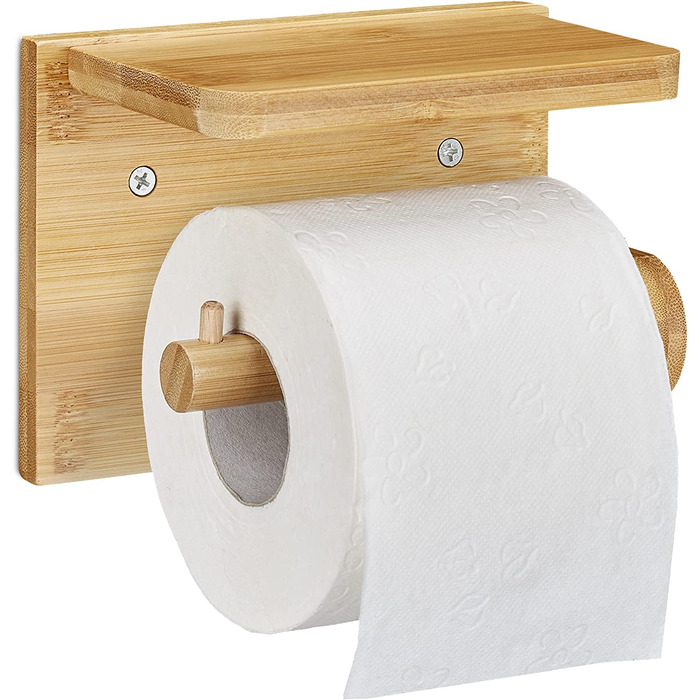 Тримач для туалетного паперу Relaxdays стоячий, для 3 рулонів і тримач для туалетного паперу з полицею, для мобільного телефону та вологих серветок, бамбуковий тримач для туалетного паперу, HBT 12x16x10.3 см, Nature Bundle з тримачем для туалетного паперу