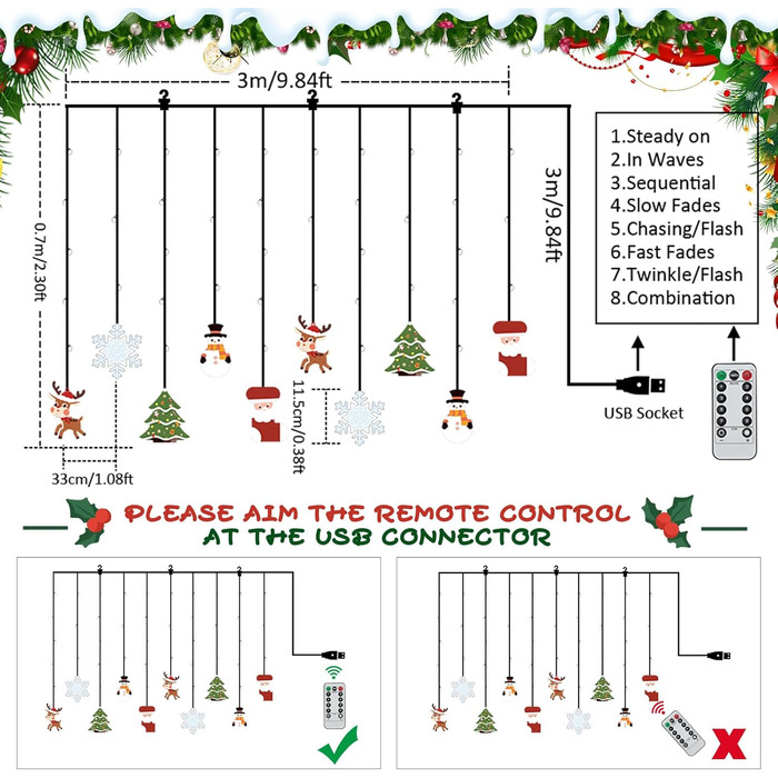 Льоново-новорічна світлодіодна штора-гірлянда Bloomwin з 3D-мотивами, 120 LED, 8 режимів, USB, тепле біле світло, для прикраси вікон та інтер'єру