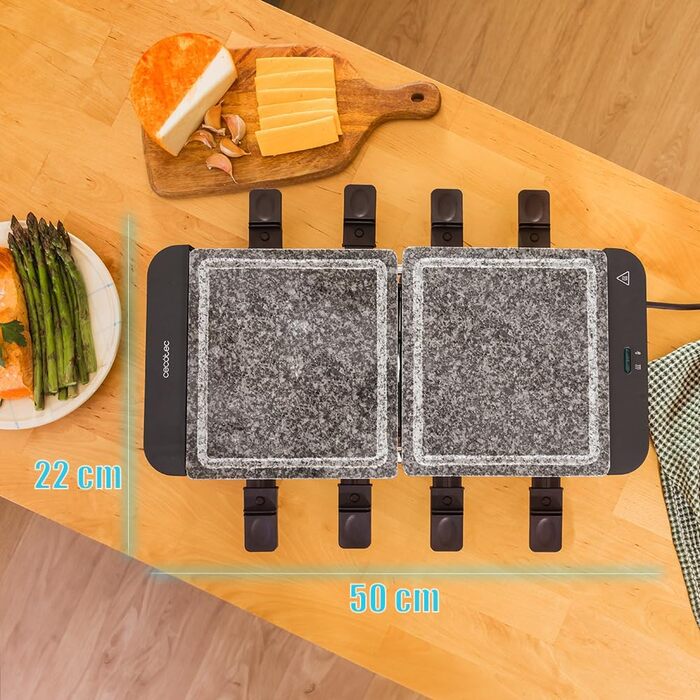 Електричний гриль-ракушетка Cecotec Raclette Cheese&Grill 16000 Inox на 8 осіб, 1400 Вт, з регулюванням температури, 2 грильні пластини (алюміній 20x22 см та натуральний камінь 20x22 см), 8 сковорідок та 8 лопаток