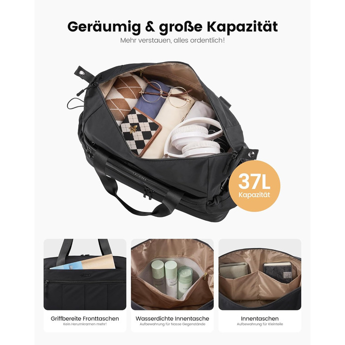 Сумка-валіза LOVEVOOK для жінок, легка, на вихідні, ручна поклажа, спортивна сумка-дуffel, водонепроникна, з відділенням для взуття (чорна, L-37л)