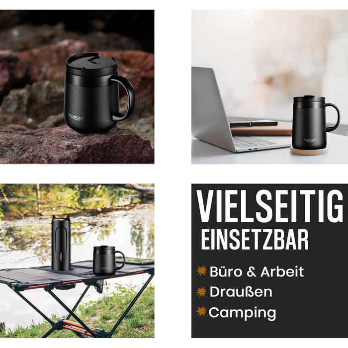 Термокружка з ручкою, подвійні стінки, вакуумна ізоляція, нержавіюча сталь 18/8, з 2 кришками, протиковзке дно, 440 мл, для офісу та робочого місця