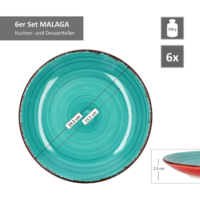 Набір тарілок для торта Малага Барвистий Ø 19,5 см Керамограніт Ручний розпис Двоколірний, 6 шт.