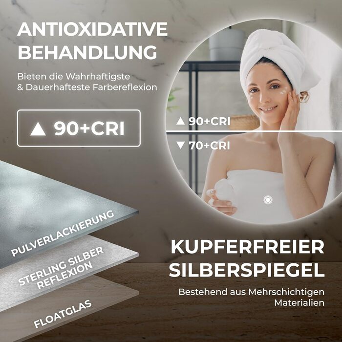 Дзеркало для ванної кімнати BR Bringer LED, діаметр 80 см, з підсвічуванням, протизапітнінням, регулюванням яскравості, енергозбереженням, 3 кольори світла, сенсорне керування та функція пам'яті (BRRS201)