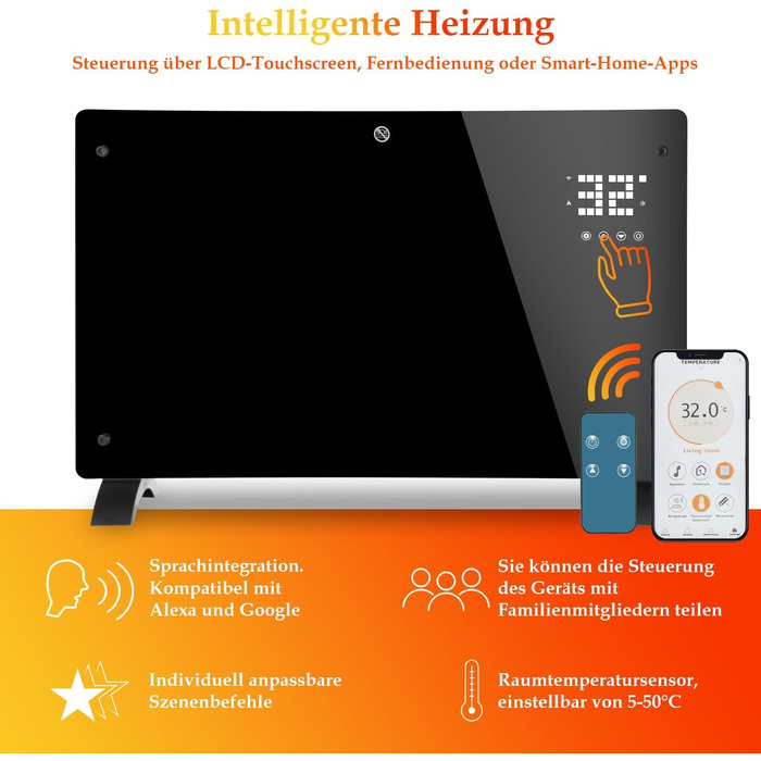 Електричний конвекторний обігрівач Ikodm 2000W з пультом керування та термостатом, енергозберігаючий, тихий, для дому