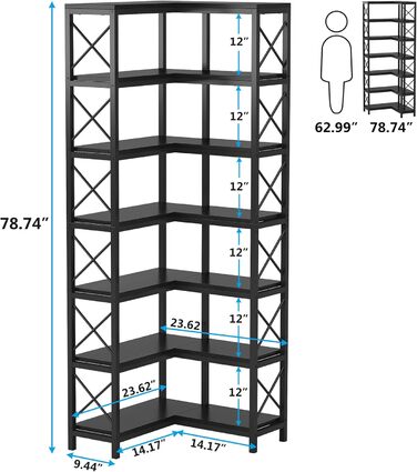 Висока промислова кутова книжкова шафа Tribesigns з металевим каркасом, 7 полиць, чорна