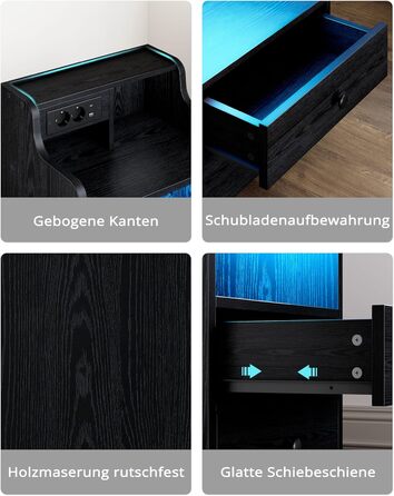 Нічний столик IRONCK з LED-підсвічуванням, розеткою та функцією зарядки, з ящиками, чорний