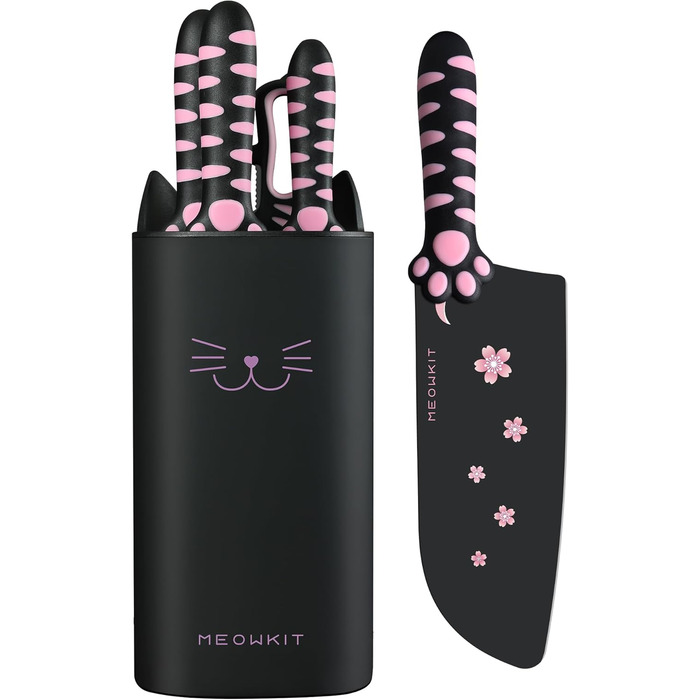 Набір кухонних ножів MeowKit 5 предметів з нержавіючої сталі, милий набір ножів з знімним блоком та ножицями, котяча форма, чорний, рожевий, рожевий