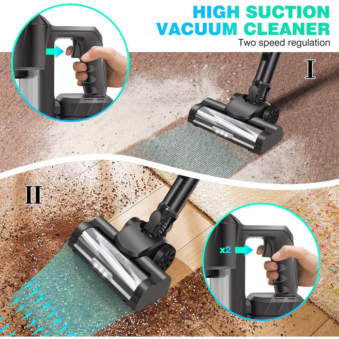 Акумуляторний пилосос 10-15Kpa з 2 режимами, 2 x 3000mAh акумулятори, 140W, LED-щітка, 2-в-1, довга насадка, ручний пилосос з 2 акумуляторами
