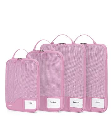 Набір органайзерів для валізи та рюкзака ECOHUB, 4 компресійні пакувальні куби з міцною сіткою та бирками, екологічні дорожні сумки для одягу (Рожевий)