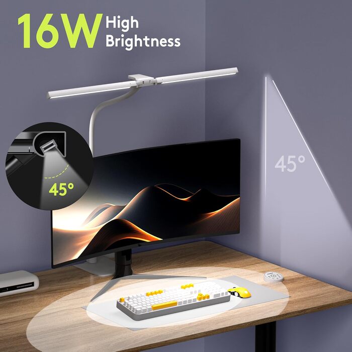 Стіл лампа з двома головками для дітей, захист очей, 16W, 72см, денне світло, диммування, пульт ДУ, лебединий шийка, матовий білий