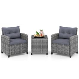 Садовий набір меблів COSTWAY з ротангу, 3 предмети: 2 крісла, стіл із загартованим склом, подушки. Меблі для балкона та тераси на 2 особи, сірий
