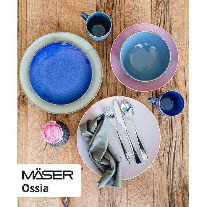 Набір посуду MSER 931547 Ossia для 4 осіб у вінтажному середземноморському стилі, комбінований сервіз з 16 предметів з кераміки (рожевий / блакитний місяць / рожевий / блакитний)