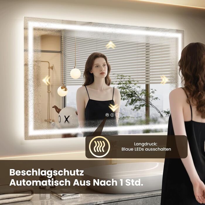 LED дзеркало для ванної кімнати 60x80 см з підсвічуванням, сенсорне керування, регулювання яскравості, 3 кольори світла, антизапар, IP44, вертикальна/горизонтальна орієнтація