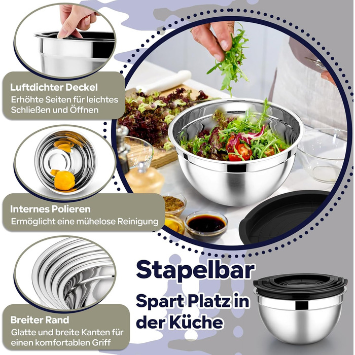 Набір місок HaWare 7 шт. з нержавіючої сталі з кришкою, 6.5-0.7L, чорний, для приготування їжі, миття в посудомийній машині