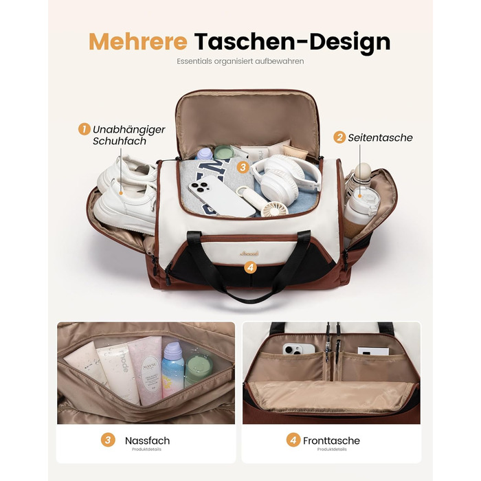 Спортивна сумка LOVEVOOK для жінок, 30л з відділенням для взуття та мокрих речей, невелика сумка для спортзалу, плавання, сауни, ручної поклажі для спорту, фітнесу, тренувань та подорожей, водонепроникна дорожня сумка-мішок (B-бежевий, коричневий, чорний,