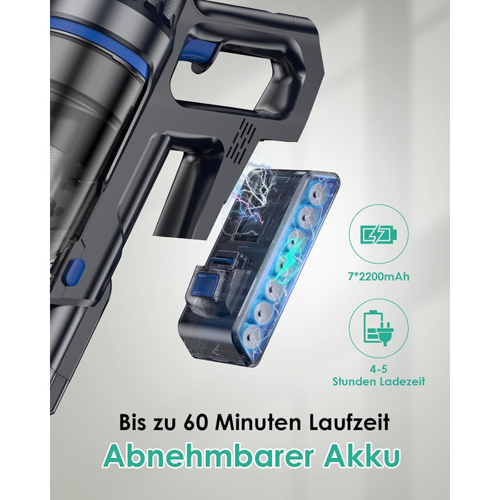 Акумуляторний пилосос з функцією миття підлоги, 45000Pa/550W/60 Min, безщітковий двигун, LED-дисплей, самостійна парковка, для твердих поверхонь, килимів та шерсті тварин, блакитний