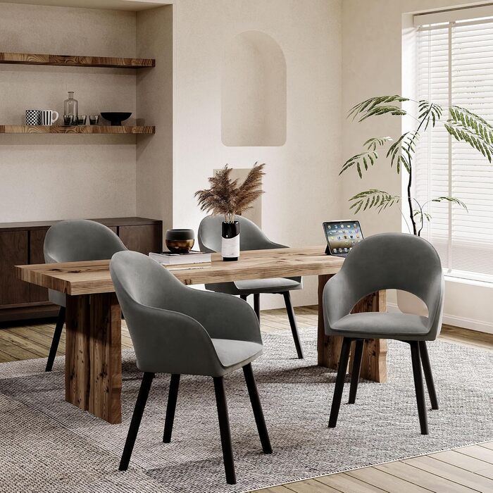 Набір обідніх стільців для кухні та вітальні (4 шт.) з підлокітниками, м'яке сидіння, поліестер, дерев'яні ніжки, бежевий, темно-сірий, чорний
