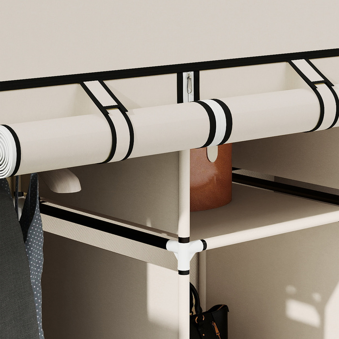 Шафа з тканини, органайзер для зберігання, 8 полиць, 2 штанги для одягу, кремово-білий