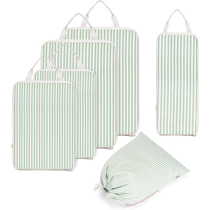 Набір органайзерів для валізи та рюкзака Narwey, 6 шт, компресійні органайзери для одягу та речей у подорож, світло-зелені смужки