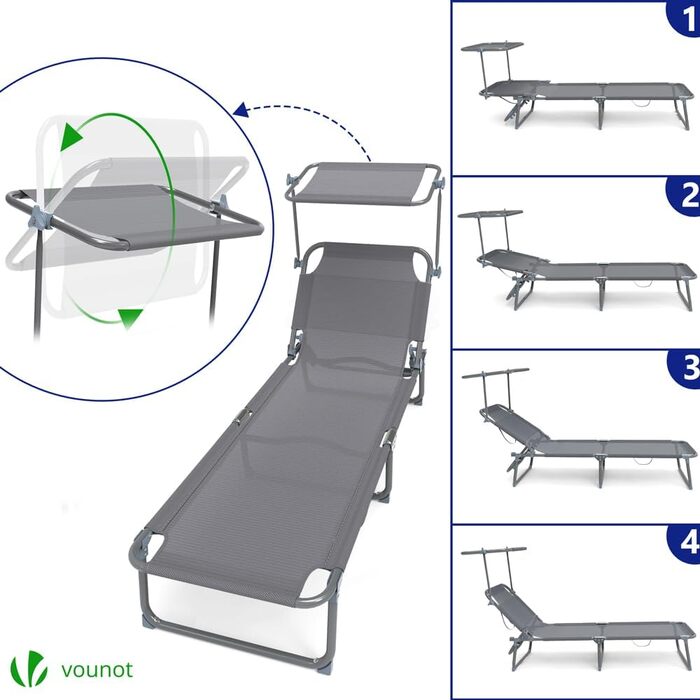 Набір з 2 шезлонгів Vounot, розкладні, для саду, басейну, тераси, сірого кольору. З сонцезахистом та регульованою спинкою.