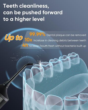 MySmile LP221: Бездротовий ірigator для зубів з UVC стерилізацією, 335 мл, OLED-дисплей, 4 режими, 8 насадок, для дому та подорожей, чорний