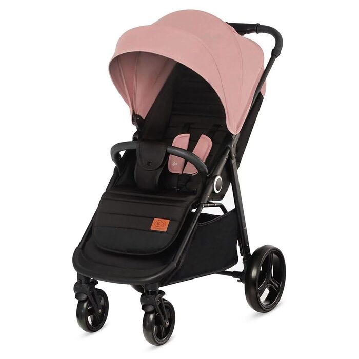 Дитяча коляска Kinderkraft Grande Plus, сіра/рожева, від народження до 22 кг, складається однією рукою, регульована спинка, великий капюшон з віконцем, амортизація всіх коліс, просторе сидіння