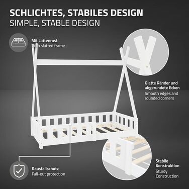 Дитяче ліжко-халапа Tipi 70x140 см біле з бортиками та ламелями, з сосни, індіанське ліжко для дівчаток та хлопчиків, будиночок-ліжко з огорожею, ліжко-халапа для дітей та підлітків, ігрове ліжко-намет