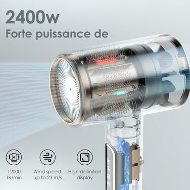Фен Bizcasa 2400W з іонною технологією та LCD-дисплеєм, 3 температурні режими, 2 швидкості, з насадкою-дифузором та стилізованою насадкою, для подорожей та дому (білий)