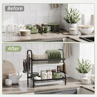 Сушарка для посуду NETEL 2-ярусна, чорна: з піддоном, тримачем для столових приборів, підставкою для ножів та склянок