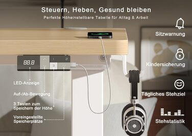 Електричний підйомний стіл Devoko 180x80 см, ергономічний комп'ютерний стіл для роботи сидя-стоячи з подвійним мотором, пам'яттю та USB-C (Дуб/Білий)