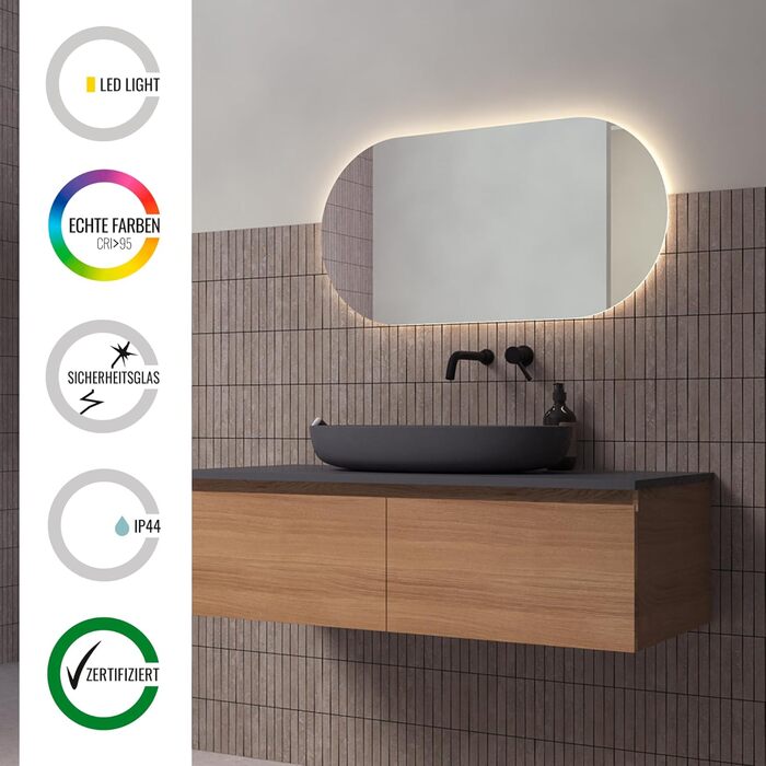 Дзеркало Loevschall Blokhus LED з підсвічуванням | Овальне, 80x50 см | Регульоване настінне дзеркало для ванної кімнати