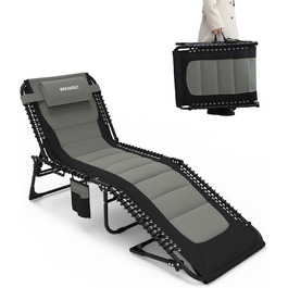 Великий розкладний шезлонг для саду: Outdoor, XXL, 5 положень спинки, до 150 кг, з подушкою та кишенею, 200x68 см, сірий