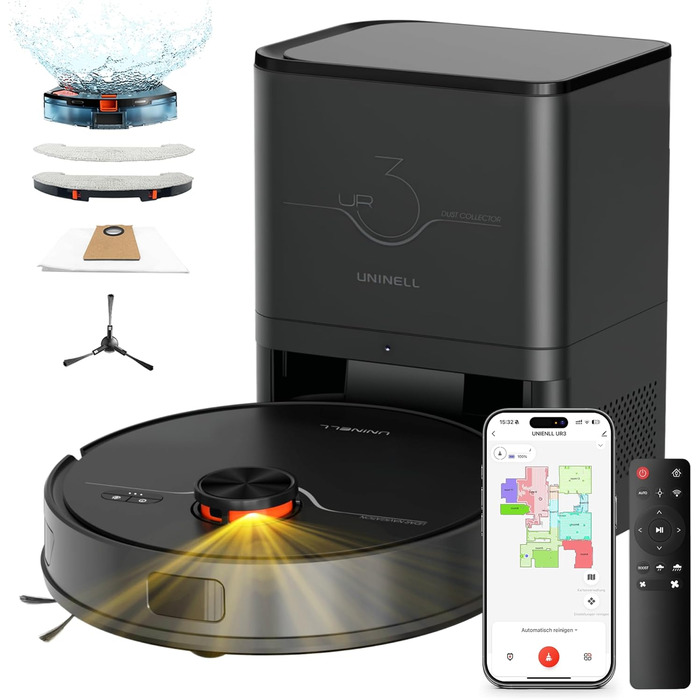 Робот-пилосос з функцією миття 5000Pa, потужний робот-пилосос з базою для самостійного очищення 3.5L, час роботи до 180 хвилин, навігація LiDAR, для збору шерсті тварин та прибирання килимів, керування через додаток, чорний