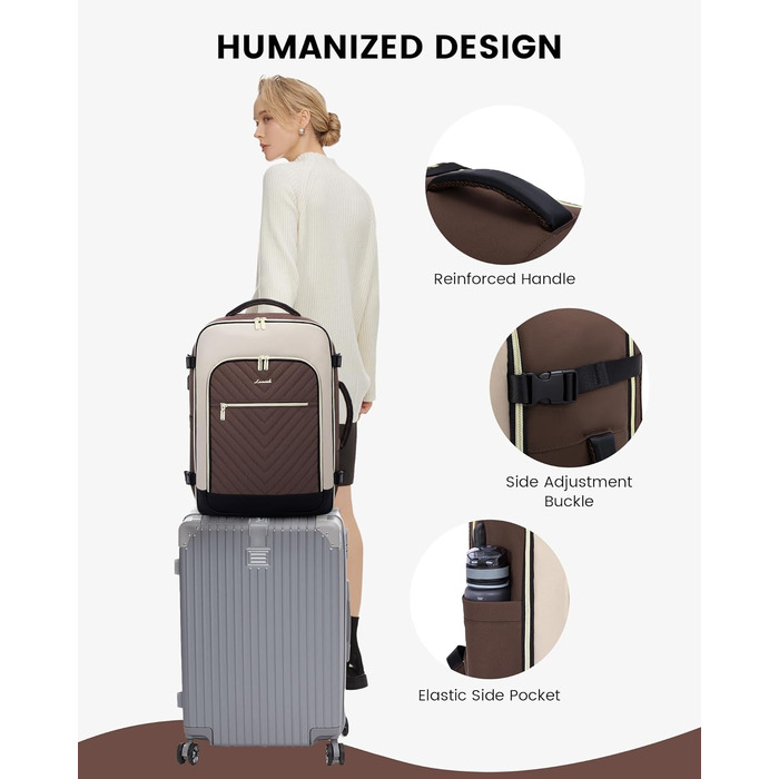 LOVEVOOK Рюкзак для ручної поклажі 40L, жіночий, для подорожей, великий, сумка-рюкзак для ручної поклажі в літак, для ноутбука, водонепроникний, рюкзак для подорожей, з косметичкою, сумка Weekender для подорожей, ділових поїздок (17.3 дюймів, Коричневий, 