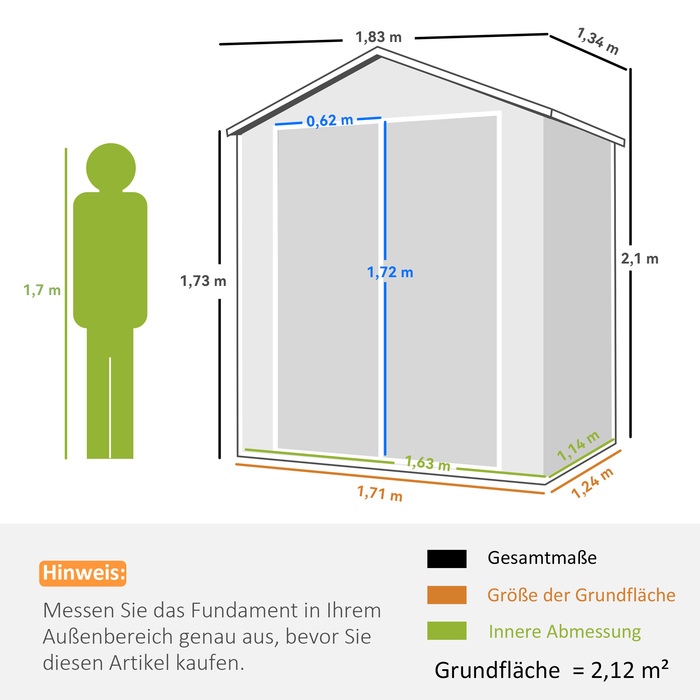 Металевий садовий сарай, з замком, двостулковими дверима, вікном, алюмінієвими рамами, розміром 1,80 x 1,30 x 2,10 м, сірого кольору