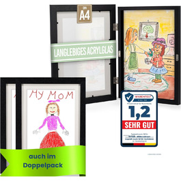 Рамки для дитячих малюнків KIYARI A4, 2 шт. (білі) + 2 шт. (чорні). Набір для зберігання 150 малюнків. Міцне дерево, безпечне скло, ідеально для школи, дитячої кімнати та творчих проєктів.